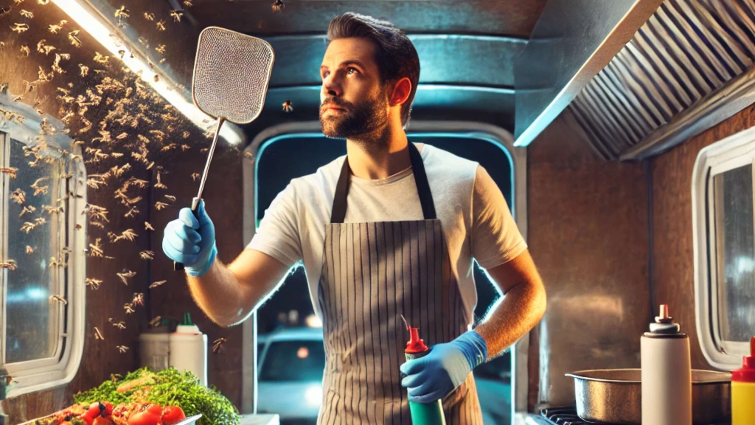 chef fighting flies in his food truck.